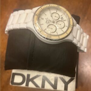 DKNY White Ceramic Gold-Trim Chronograph Watch (Needs New Battery)